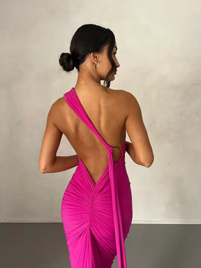 Women's Backless Halter Maxi Evening Dress with Ruching