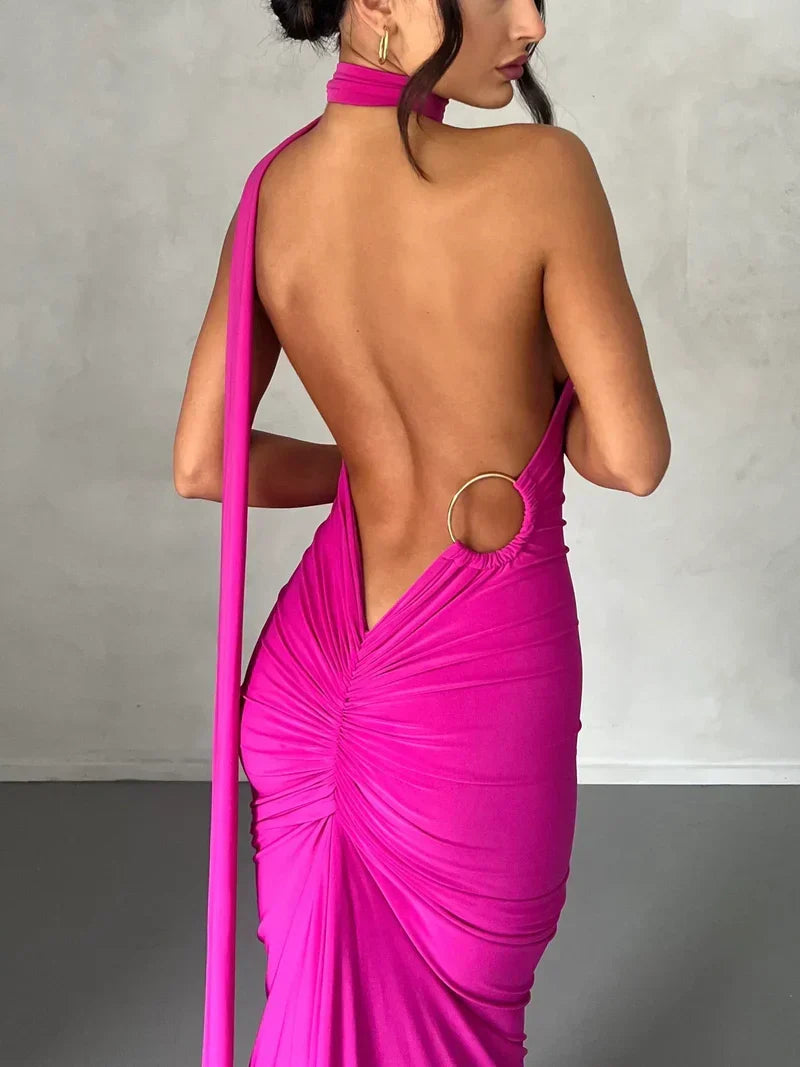 Women's Backless Halter Maxi Evening Dress with Ruching