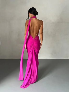 Women's Backless Halter Maxi Evening Dress with Ruching