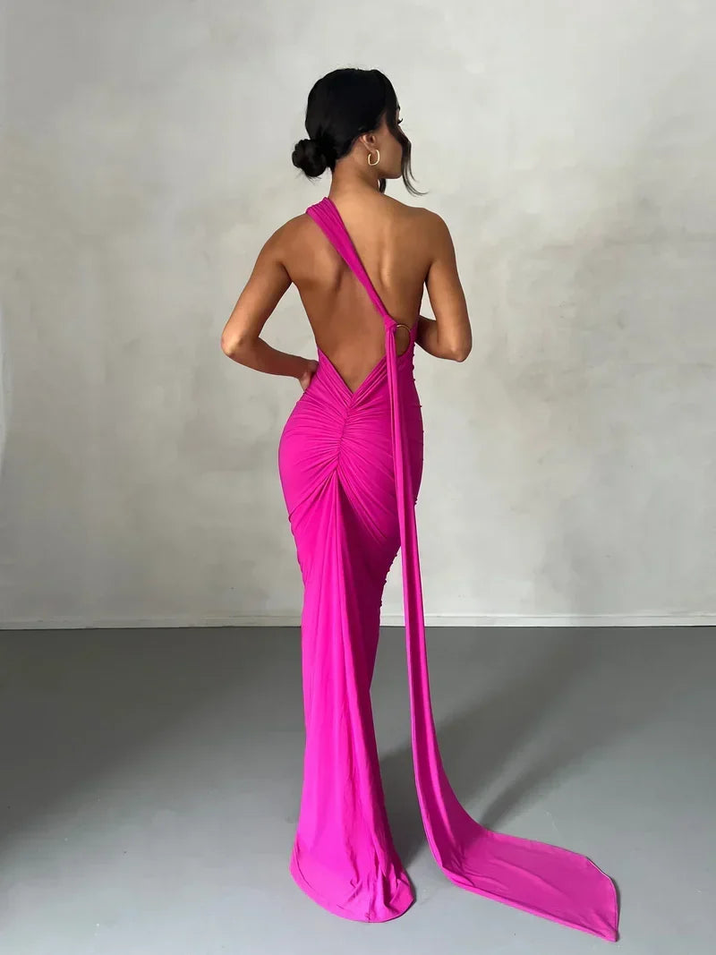 Women's Backless Halter Maxi Evening Dress with Ruching
