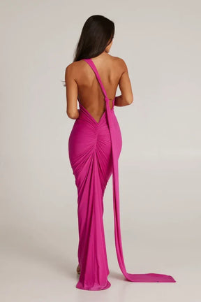 Women's Backless Halter Maxi Evening Dress with Ruching