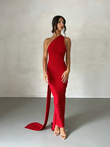 Women's Backless Halter Maxi Evening Dress with Ruching in Red