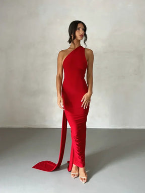 Women's Backless Halter Maxi Evening Dress with Ruching in Red