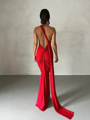 Women's Backless Halter Maxi Evening Dress with Ruching