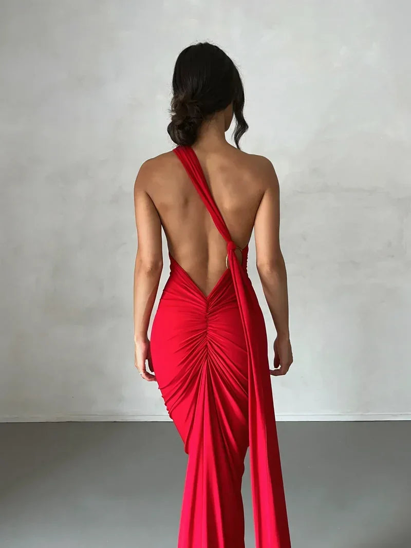 Women's Backless Halter Maxi Evening Dress with Ruching