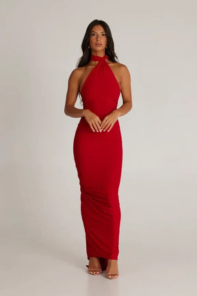 Women's Backless Halter Maxi Evening Dress with Ruching