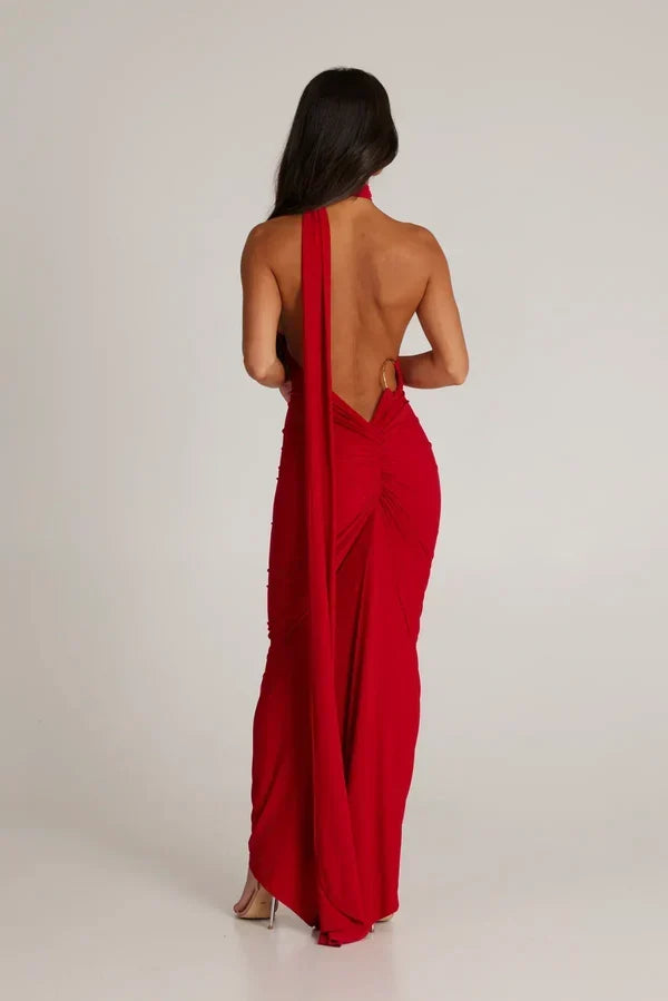 Women's Backless Halter Maxi Evening Dress with Ruching
