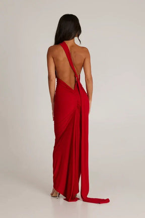 Women's Backless Halter Maxi Evening Dress with Ruching
