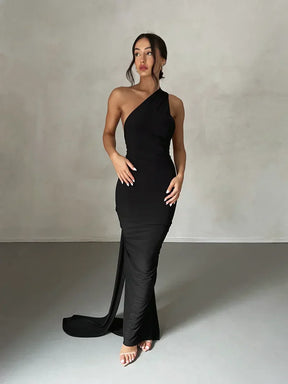 Women's Backless Halter Maxi Evening Dress with Ruching in Black