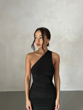 Women's Backless Halter Maxi Evening Dress with Ruching
