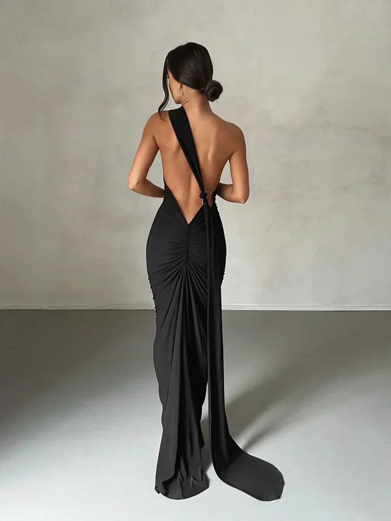 Women's Backless Halter Maxi Evening Dress with Ruching