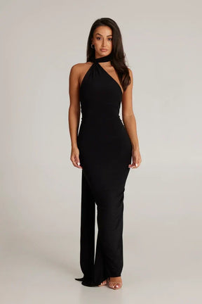 Women's Backless Halter Maxi Evening Dress with Ruching
