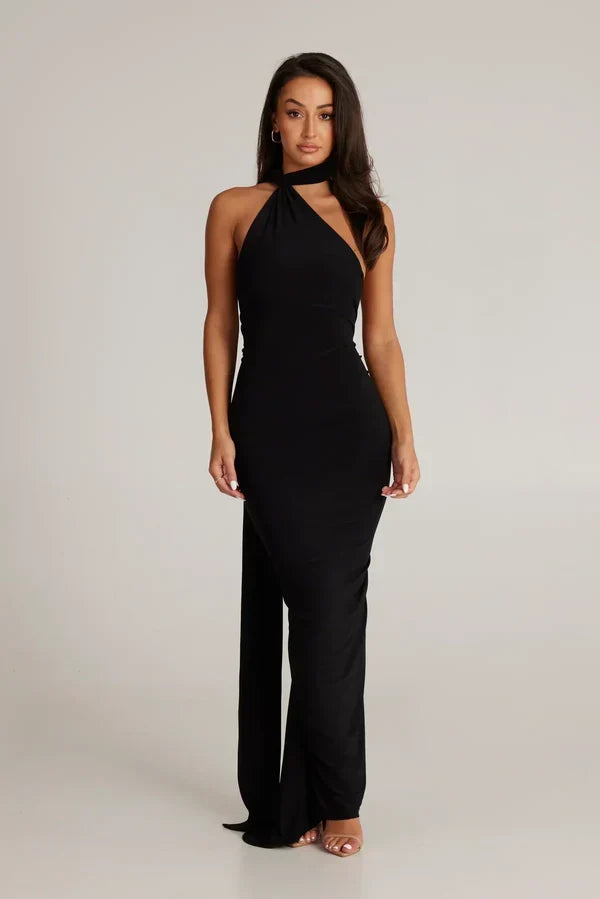 Women's Backless Halter Maxi Evening Dress with Ruching