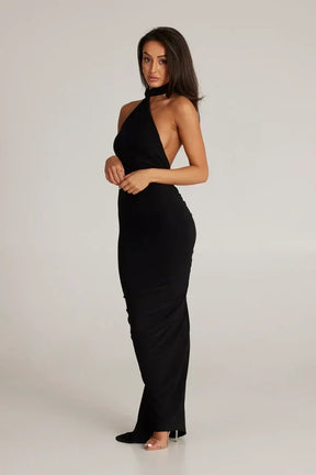 Women's Backless Halter Maxi Evening Dress with Ruching