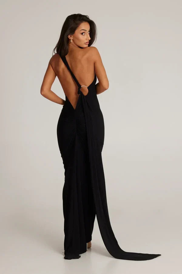 Women's Backless Halter Maxi Evening Dress with Ruching