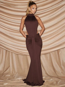Women's Halter Cutout Maxi Party Dress with Open Back in Brown