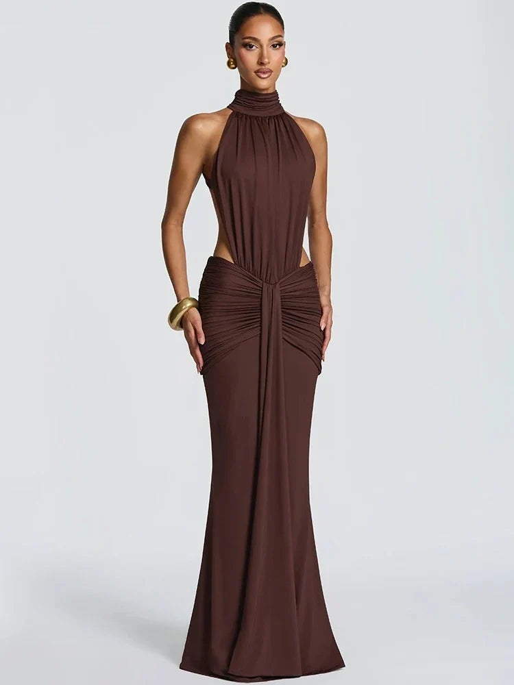 Women's Halter Cutout Maxi Party Dress with Open Back