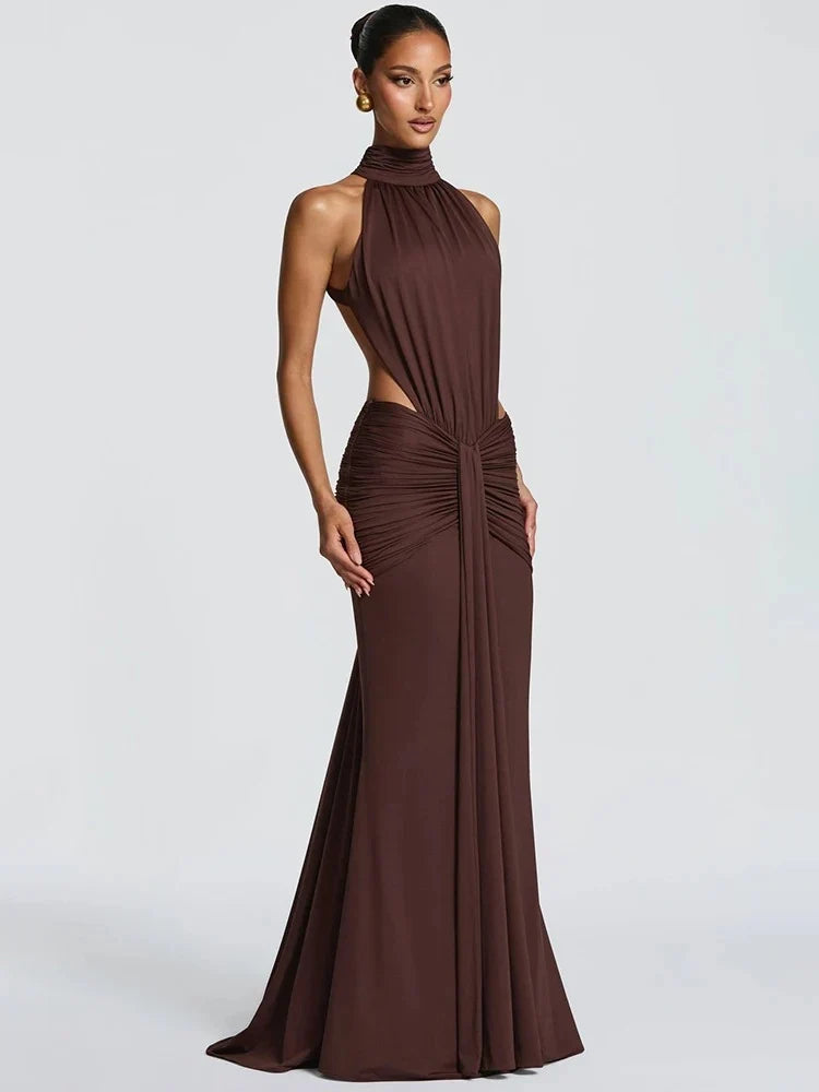 Women's Halter Cutout Maxi Party Dress with Open Back