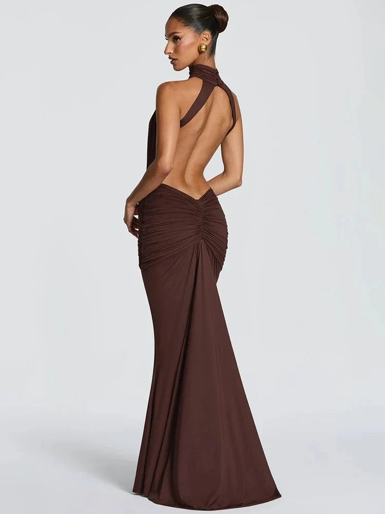Women's Halter Cutout Maxi Party Dress with Open Back