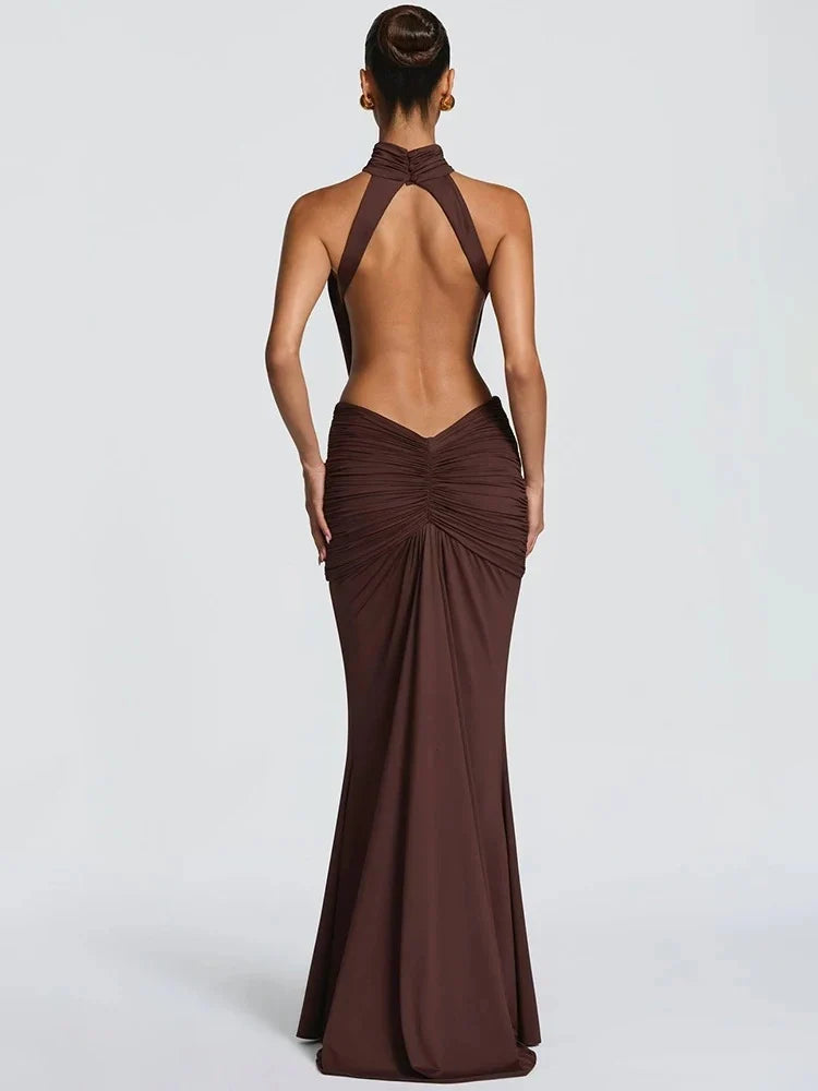 Women's Halter Cutout Maxi Party Dress with Open Back