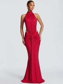 Women's Halter Cutout Maxi Party Dress with Open Back in Red