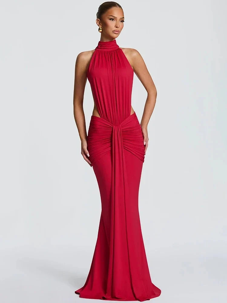 Women's Halter Cutout Maxi Party Dress with Open Back in Red