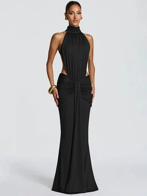 Women's Halter Cutout Maxi Party Dress with Open Back in Black