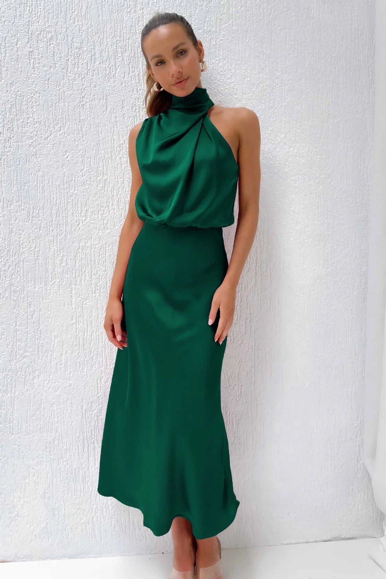 Women's Satin Halter Maxi Wedding Guest Dress, Cowl Neck in Green