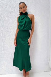 Women's Satin Halter Maxi Wedding Guest Dress, Cowl Neck in Green