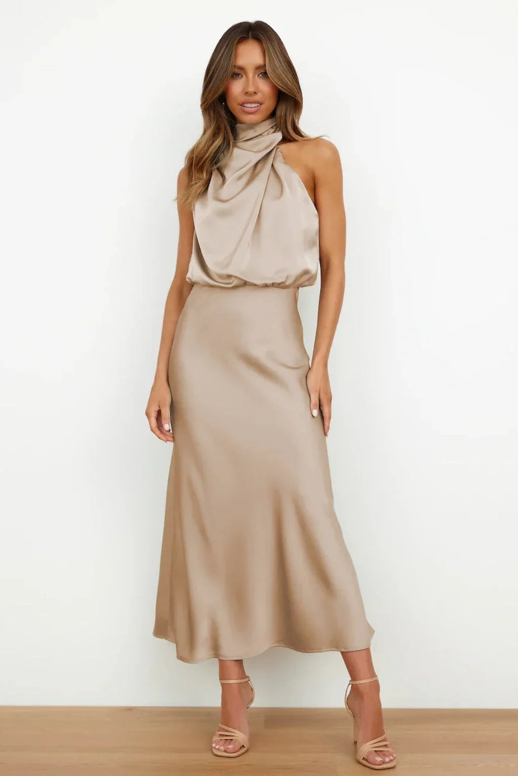 Women's Satin Halter Maxi Wedding Guest Dress, Cowl Neck