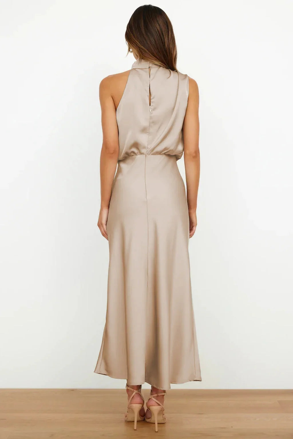 Women's Satin Halter Maxi Wedding Guest Dress, Cowl Neck