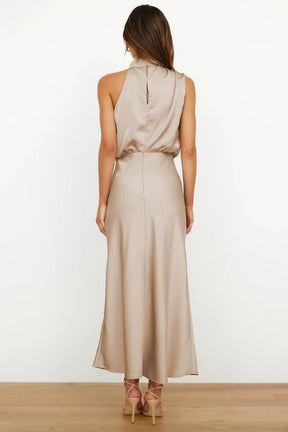 Women's Satin Halter Maxi Wedding Guest Dress, Cowl Neck
