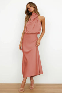 Women's Satin Halter Maxi Wedding Guest Dress, Cowl Neck in Salmon