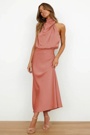 Women's Satin Halter Maxi Wedding Guest Dress, Cowl Neck in Salmon
