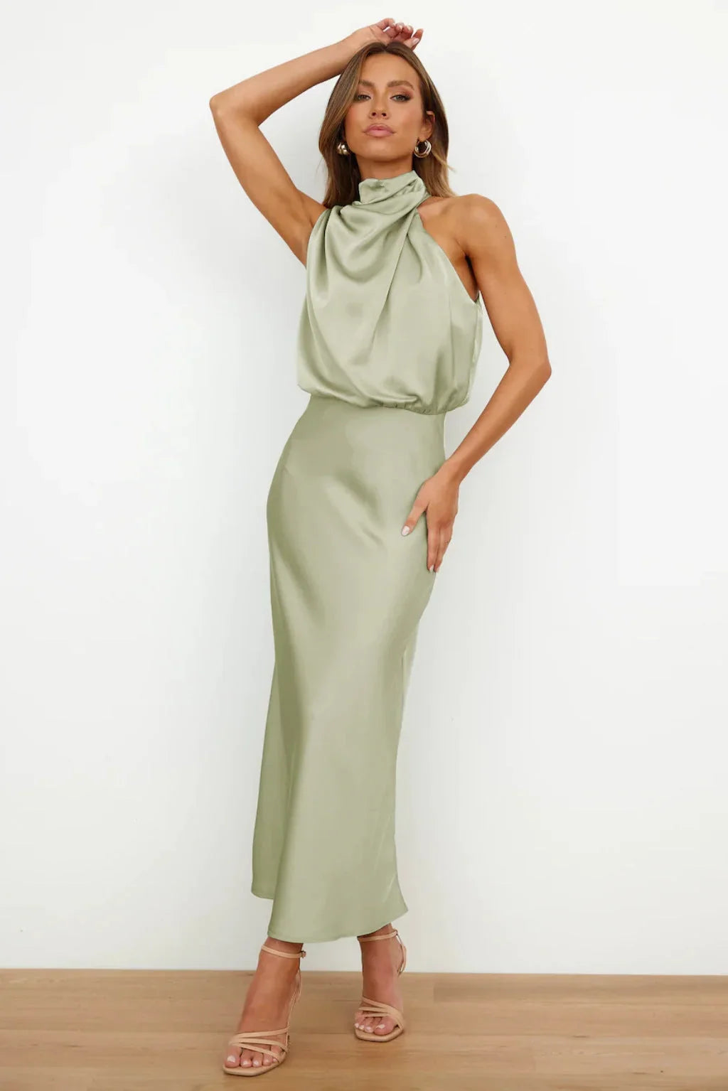 Women's Satin Halter Maxi Wedding Guest Dress, Cowl Neck in Light Green