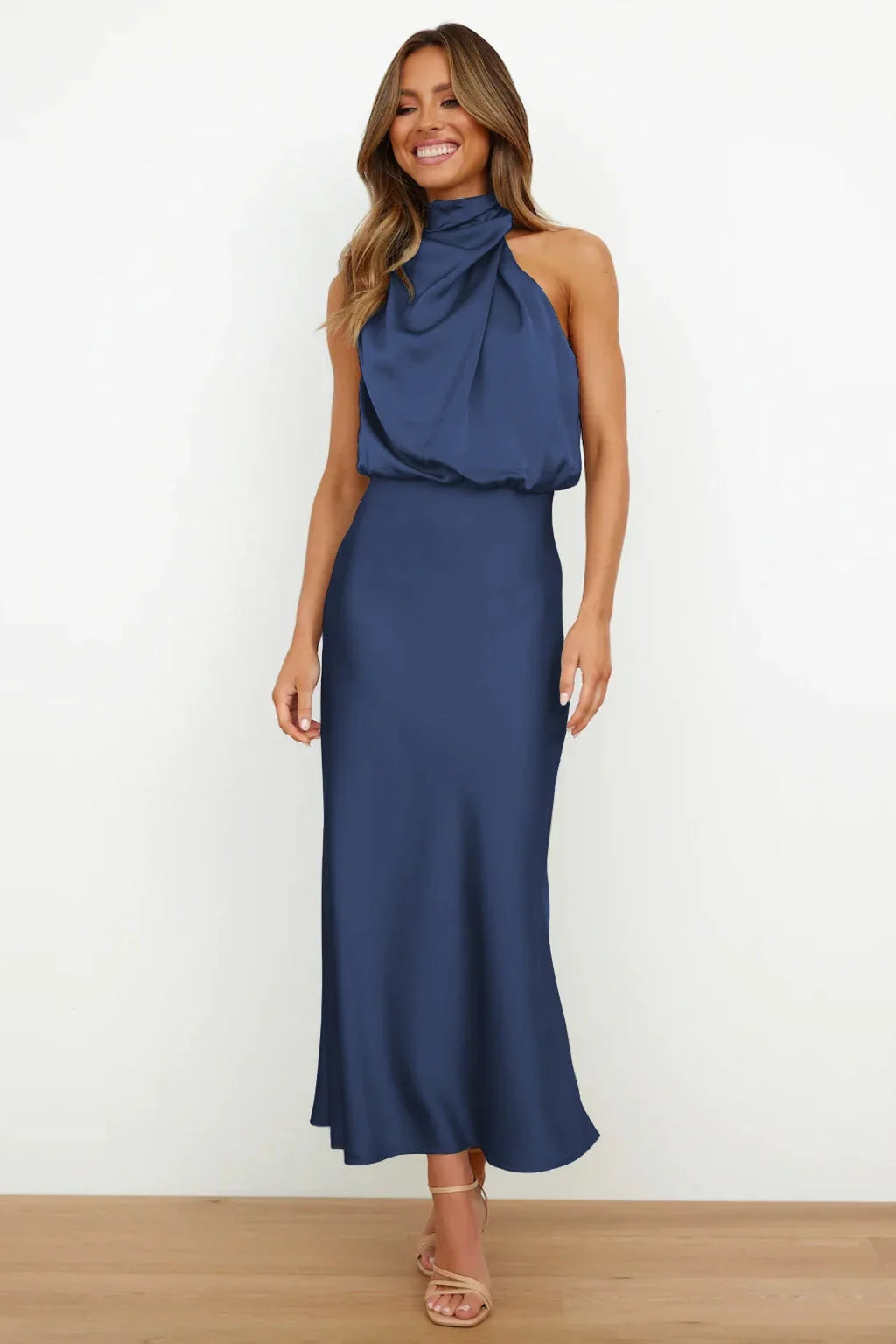 Women's Satin Halter Maxi Wedding Guest Dress, Cowl Neck in Navy Blue