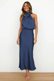 Women's Satin Halter Maxi Wedding Guest Dress, Cowl Neck in Navy Blue