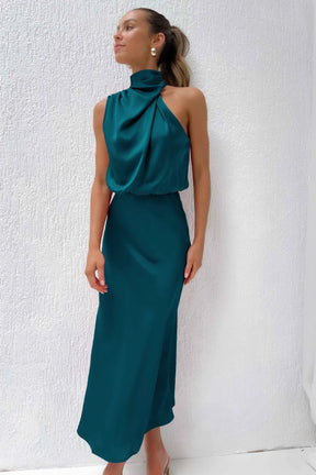 Women's Satin Halter Maxi Wedding Guest Dress, Cowl Neck in Dark Teal