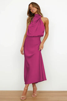 Women's Satin Halter Maxi Wedding Guest Dress, Cowl Neck in Pink