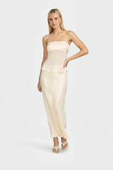 Women's Strapless Maxi Evening Dress with Sheer Draping