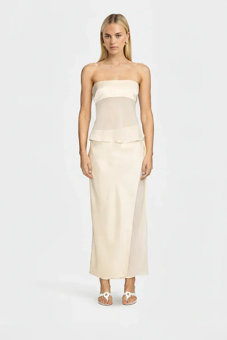 Women's Strapless Maxi Evening Dress with Sheer Draping