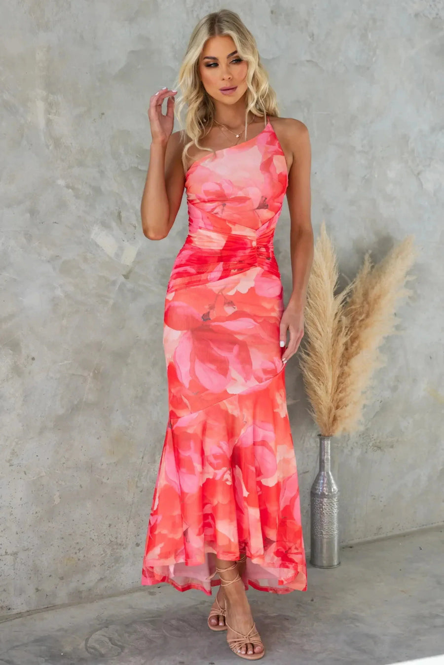 Women's One-Shoulder Floral Midi Wedding Guest Dress in Red