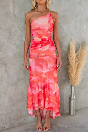 Women's One-Shoulder Floral Midi Wedding Guest Dress