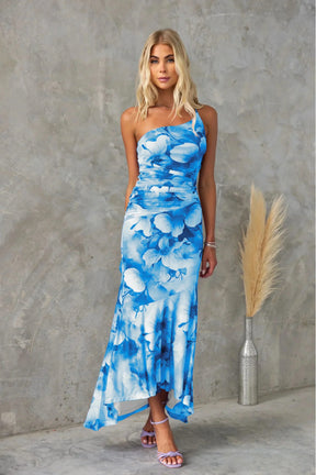 Women's One-Shoulder Floral Midi Wedding Guest Dress in Blue