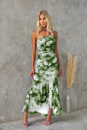 Women's One-Shoulder Floral Midi Wedding Guest Dress in Green