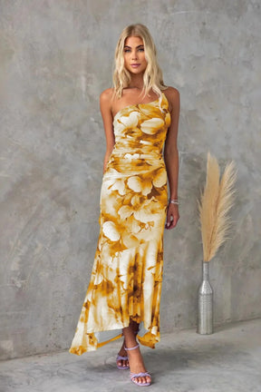 Women's One-Shoulder Floral Midi Wedding Guest Dress in Yellow