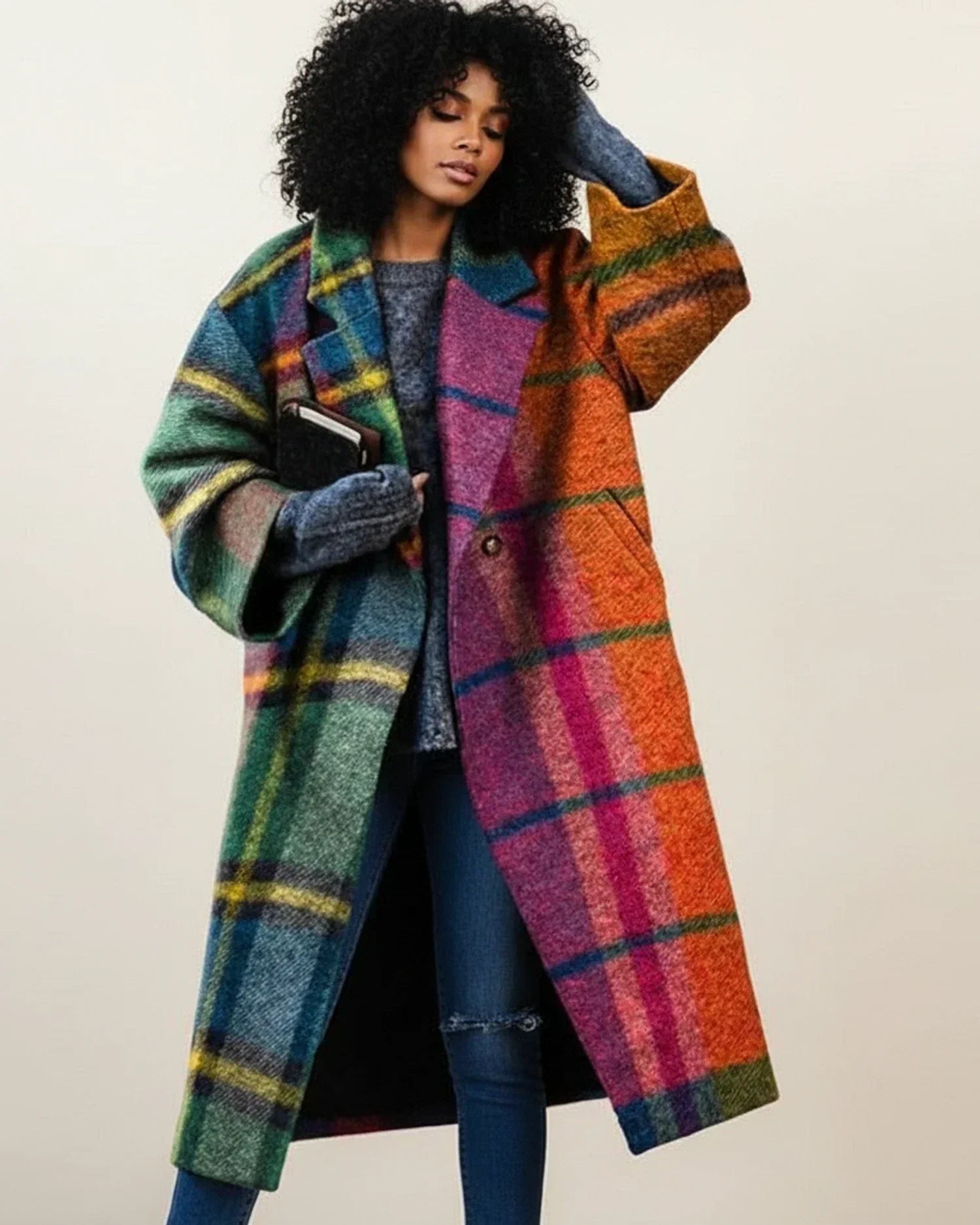 Women's Multicolor Long Wool-Look Coat | Sarah in Multicolor - Juana Fashion
