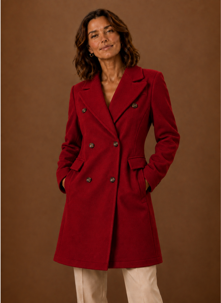 Women's Long Tailored Double-Breasted Winter Coat | Sabrina in Red - Juana Fashion
