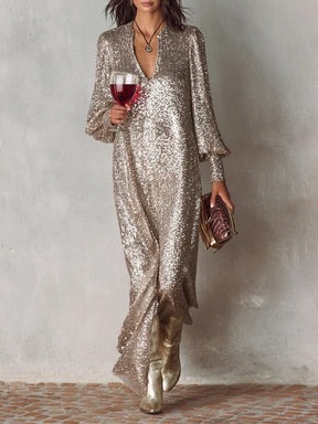 Women's Sequin Long-Sleeve Maxi Evening Dress | Xaviera in Gold