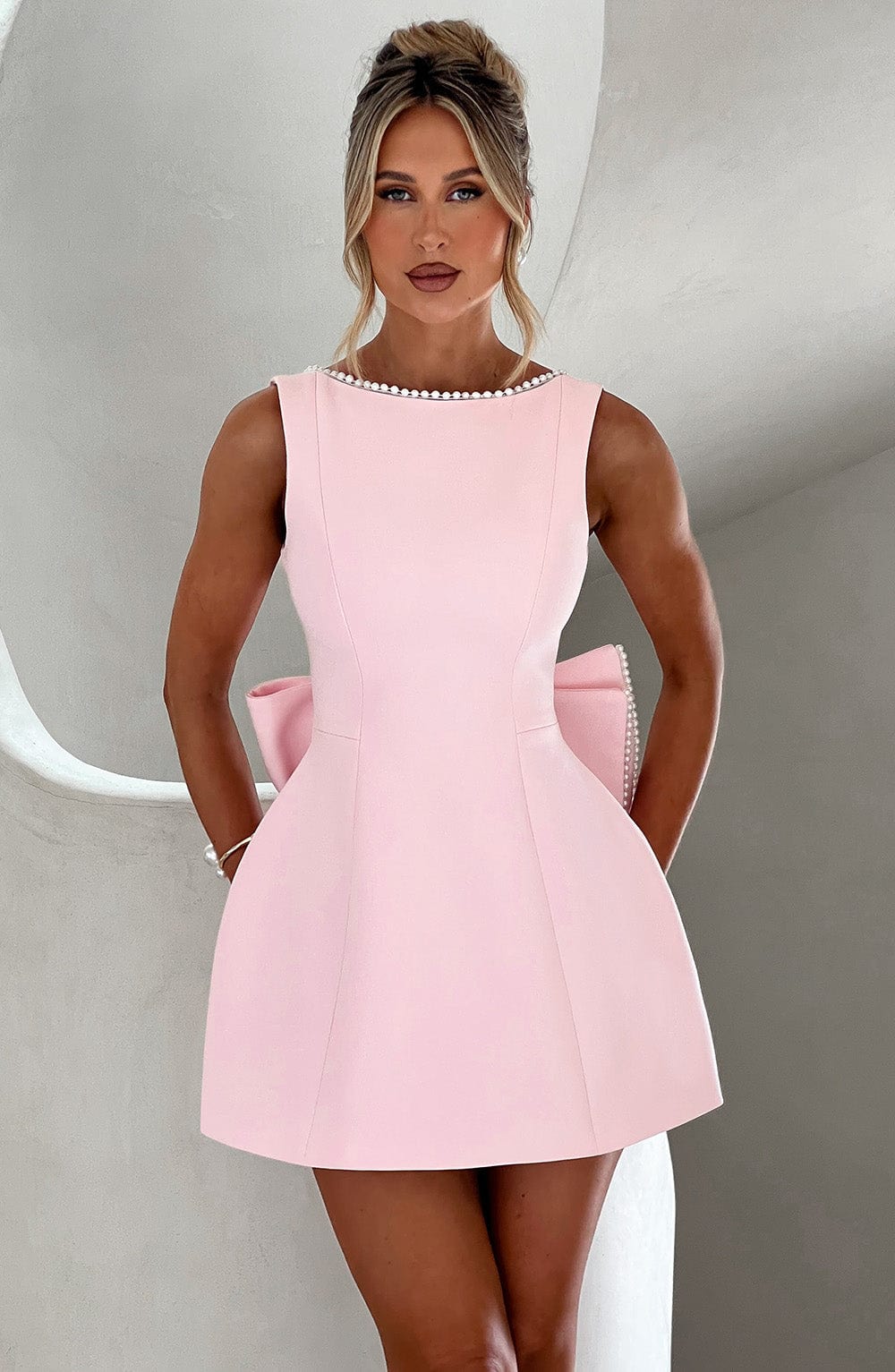 Women's Pearl-Trim A-Line Mini Party Dress with Bow | Yvonne in Pink